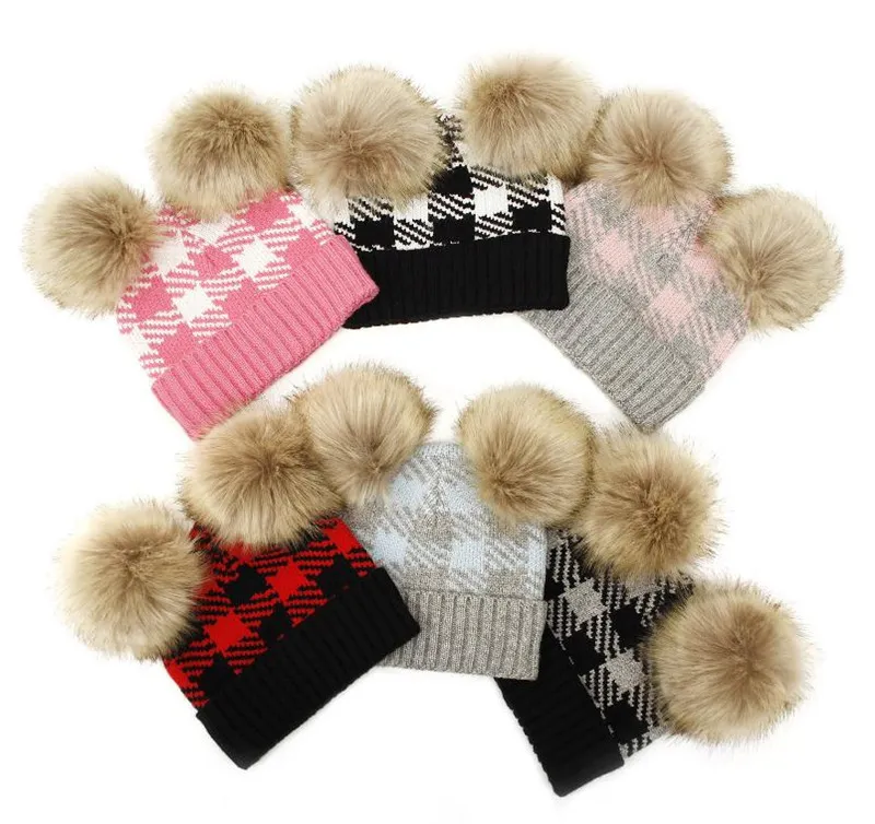 Winter Baby Girls Knitted Caps infants Crochet PomPom Beanies Hats Double Fur Ball Plaid Hat Children Knit Outdoor Cap toddler Accessories DD730