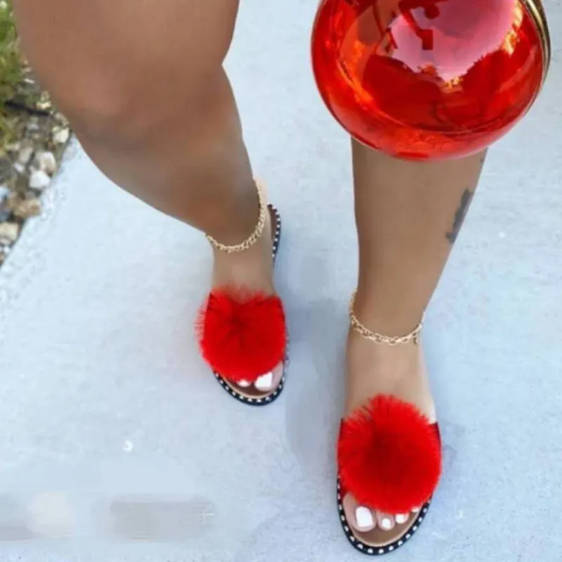 Zapatos de verano para mujer, Sandalias planas, zapatillas de playa para exteriores con punta abierta, Bola de pelo de moda Sexy de talla grande