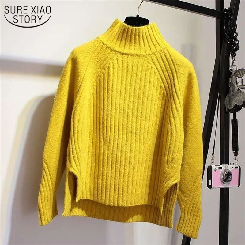 Autumn Winter Women's Turtleneck Split Knitwear Short Pullover Long Sleeve Loose O-Neck Solid Cashmere Base Shirt 11743 210508