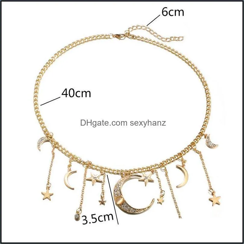 Gold Shiny Crystal Star Moon Pendant Tassel Necklace Boho Fashion Choker Women Jewelry Gift