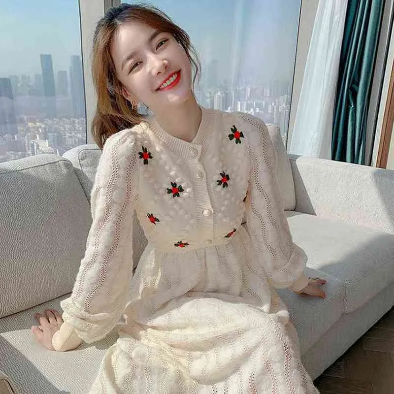 Fashion-Knitting Sweater Maxi Dresses for Women Female Korea Style Slim Embroidery Wool Long Sleeve Woman Dress Party Autumn Winter