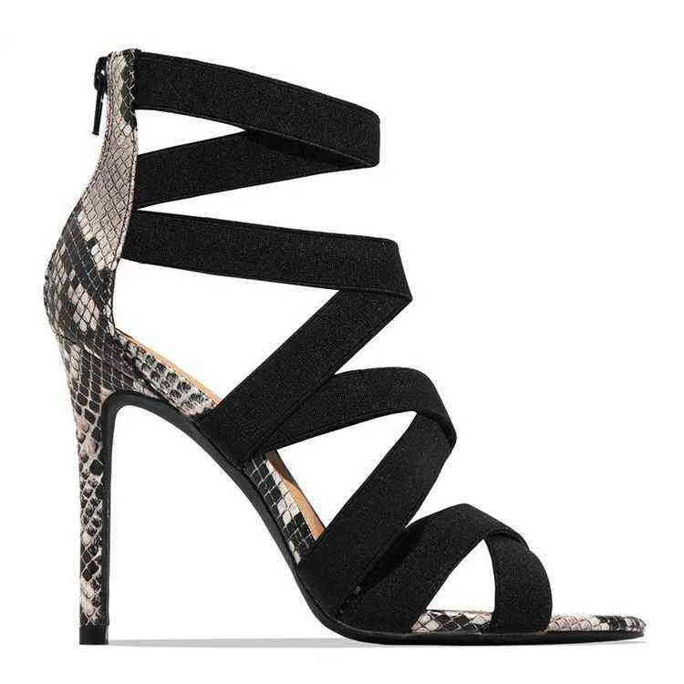 Snake Summer Shoes Woman Pumps High Thin Heels Pointed Toe Rhinestone Gladiator Pumps Party Sexy Shoes Prom Shoes H1126