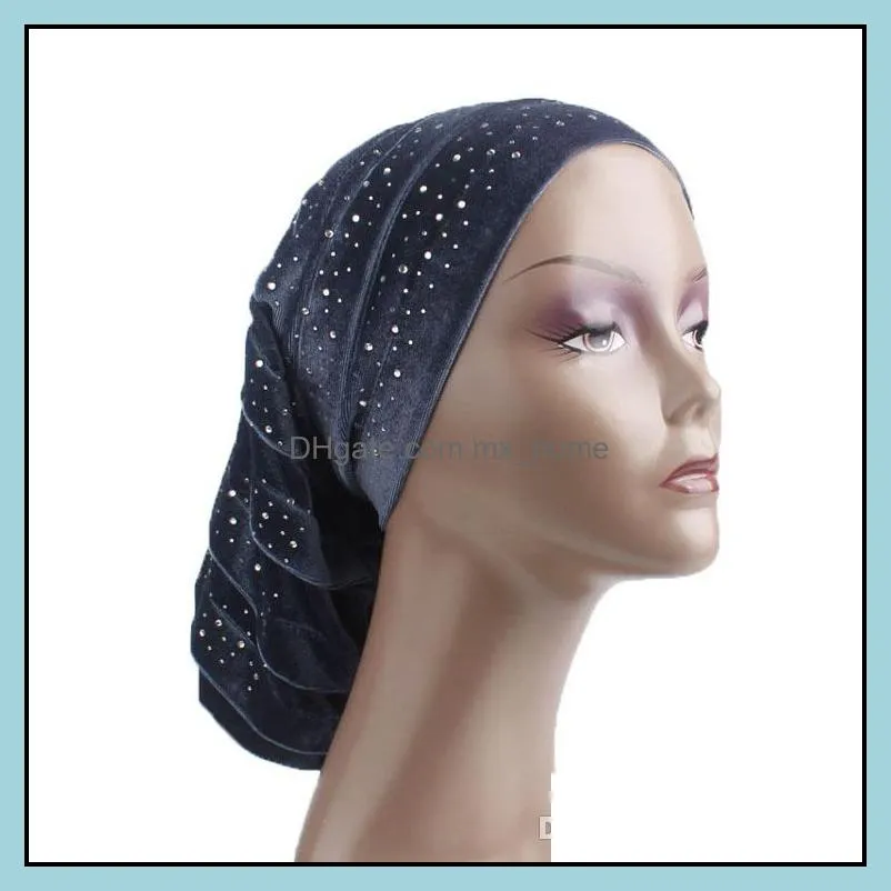 New fashion diamante velvet ruffle turban dreadlock sleeping cap Beany Slouch Cap Bandana Hair Loss Bonnet Tube cap 6 colors