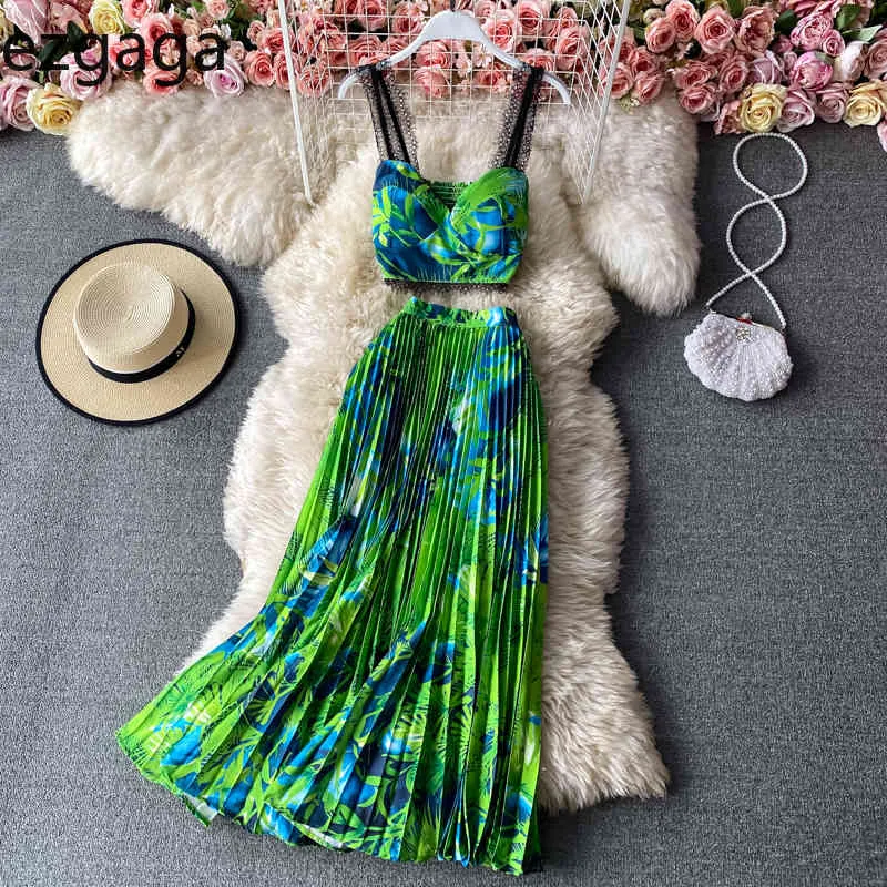 Ezgaga Two Piece Set Women Floral Printed Crop Tank Tops Sleeveless Camisole Elegant High Waist Pleated Skirts Holiday Casual 210430