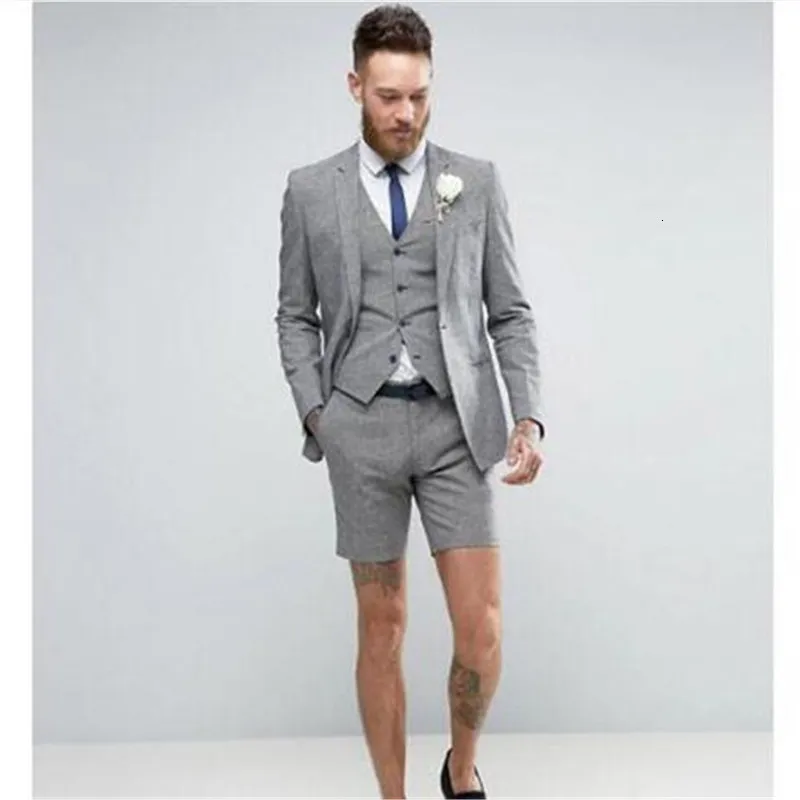 Neueste Mantel-Hose Designs Grau Männer Anzug Kurze Casual Sommer Anzüge 3 Stück Smoking Terno Masculino Jacke Hose Weste krawatte