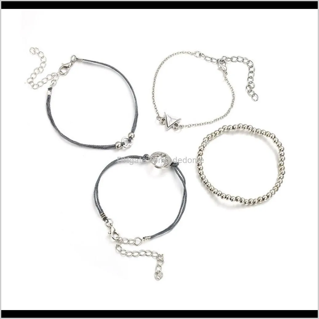 bracelets set 4pcs package world map heart triangle accessory white stone setting rope bead chain silver color plated