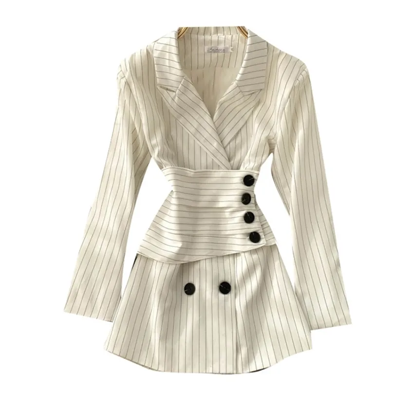 [EWQ] Sweet Long Sleeve Women Trend Coat Feminino Loose Notched Neck Office Lady Black Striped Blazer Autumn 16W701 211019