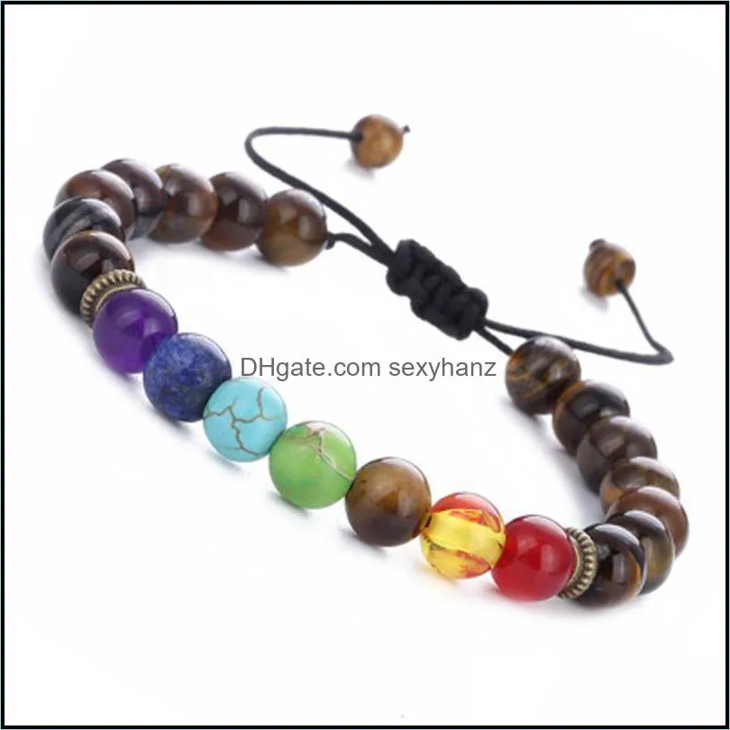 Beaded, Strands Explosion Models Fashion Seven Chakra Energy Stone Bracelet Natural Lapis Lazuli Tiger Eye Adjustable Woven Yoga