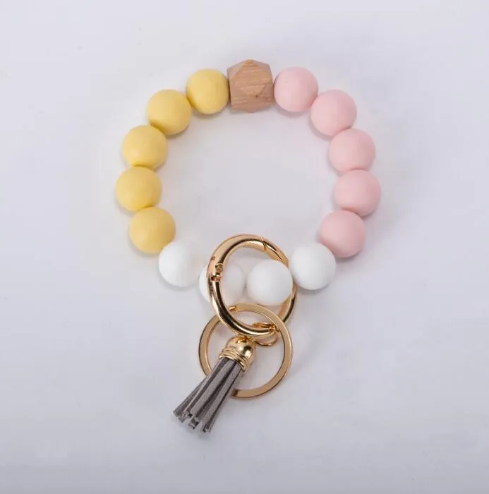 tassels wood bead keychain Silicone Beads Bracelet Party Favor Leather key ring Food grade silicon Wrist Keychains Pendant Euramerican  WMQ1000