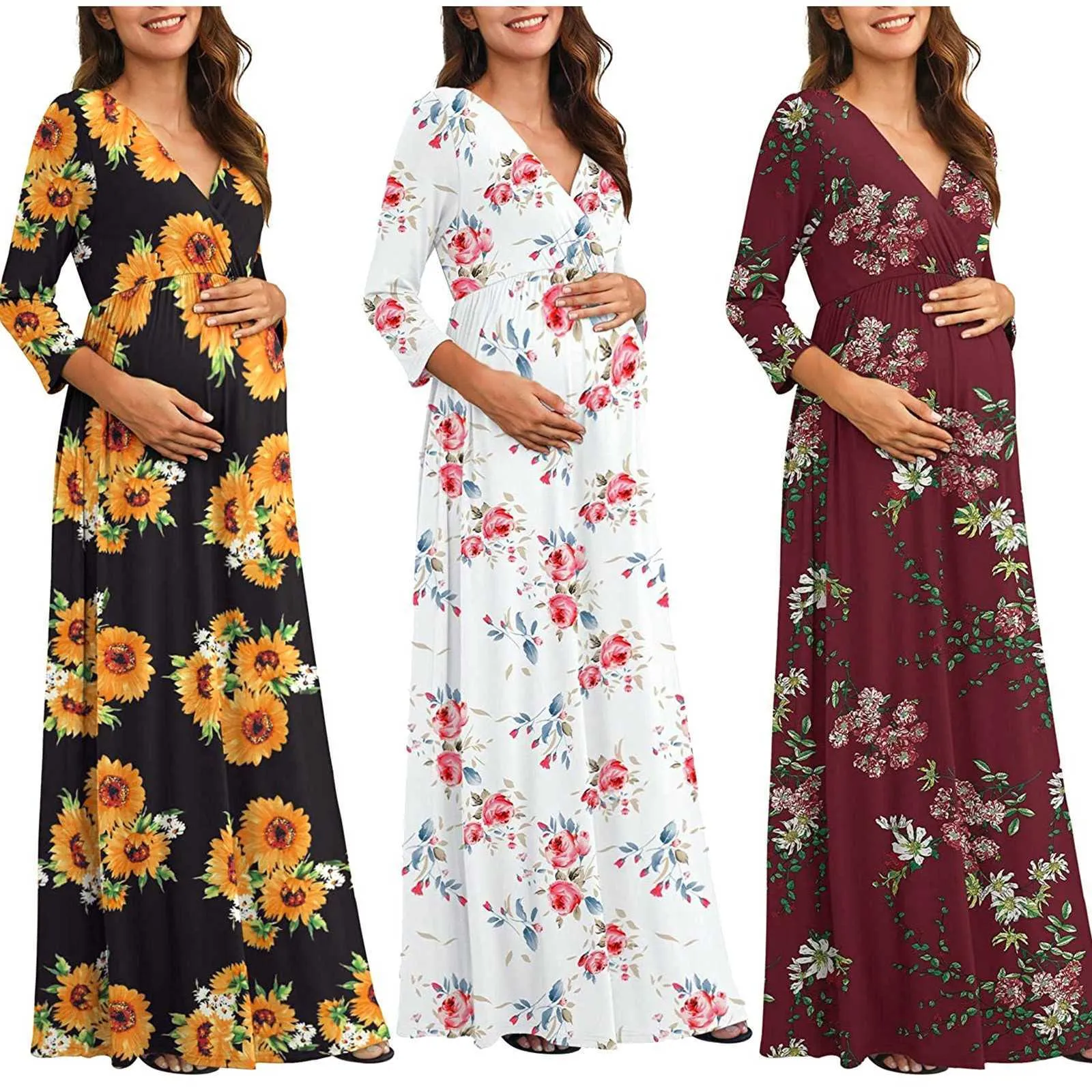 @ Long DrFor Femmes Enceintes Maternité Grossesse Casual Manches 3/4 Col V Maxi Wrap Long DrCasual Boho Dress X0621