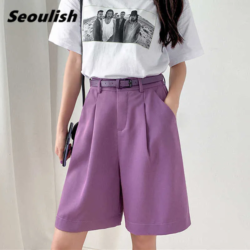 Seoulish Summer Women's Shorts With Belted Solid High Waist Office Wide Leg Shorts Elegant Lila Loose Byxor Ficka 210611