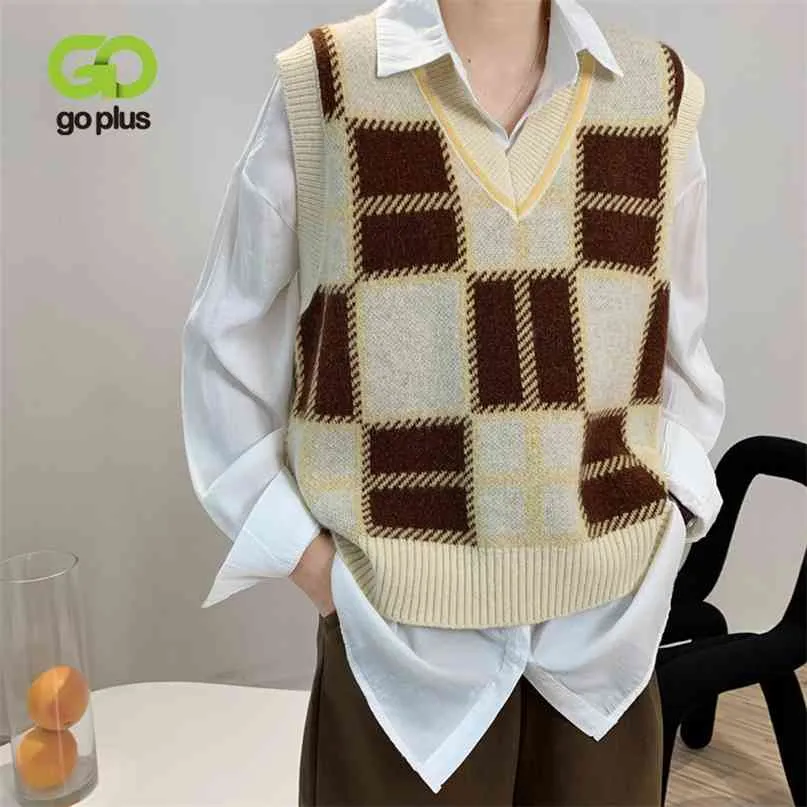 Goplus Vest Vintage Plaid Sweater Kvinnor Koreansk V-Neck Knitted Ärmlös Kort Gilet Femme Pull Sans Manche C10786 210915