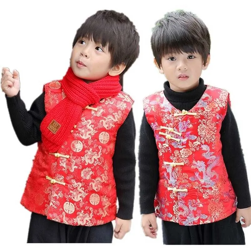 Rode viering kinderen vest jas chinese jaar babyjongen kleding winter dikke kinderen outfits uitloper kind vest draak 211203