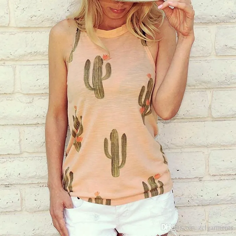 Women Crop Top 2018 Summer Strap Cactus Print Tank Tops Cropped Feminino Ladies Elastic Casual Shirt Vest Camisole