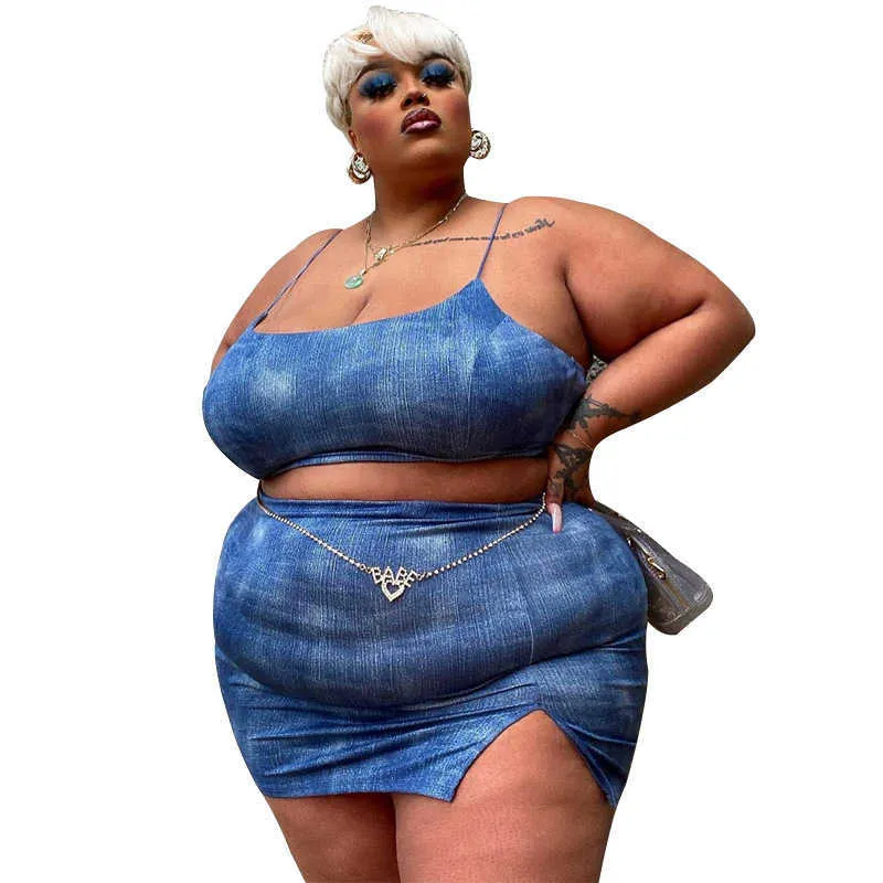 Set gonna e top Fashion Plus Size 3XL 4XL 5XL Set gonna a due pezzi Abiti sexy Bue Set 2 pezzi Gonna donna e top Clubwear X0709