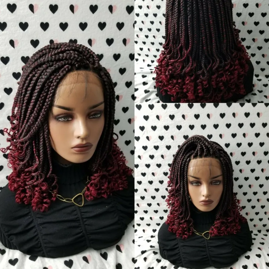 Handmade 14inch Box Braids Lace Front Wig With Curly Tips 1b/Burgundy Ombre Red Color Short Braiding Hair Synthetic Wigs for Black Women