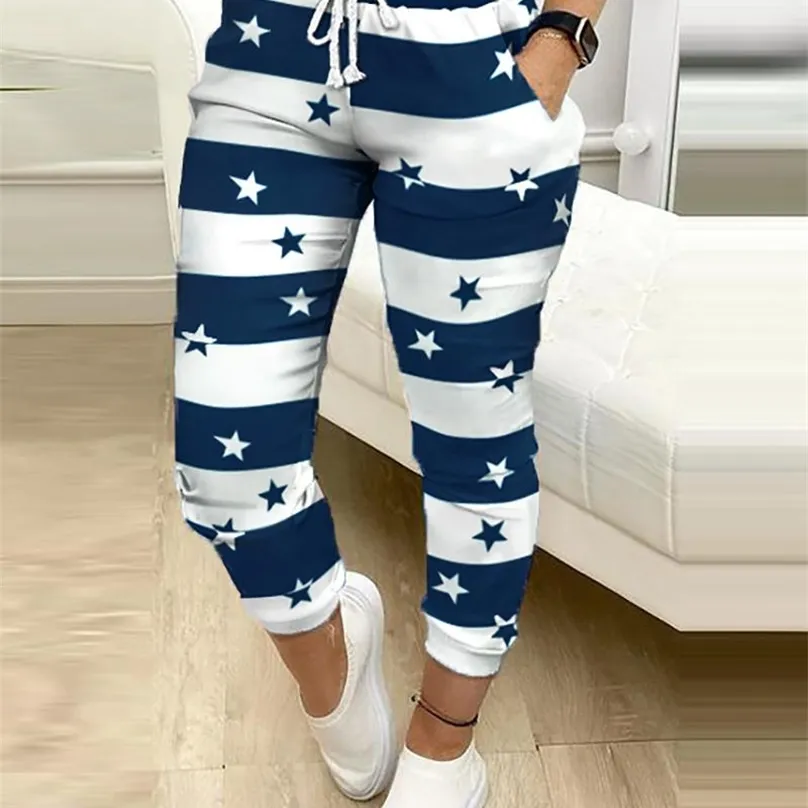 Kvinnor Mode Casual Pants Byxor ColorBlock Star Print Cargo Höstficka Design Drawstring 210925