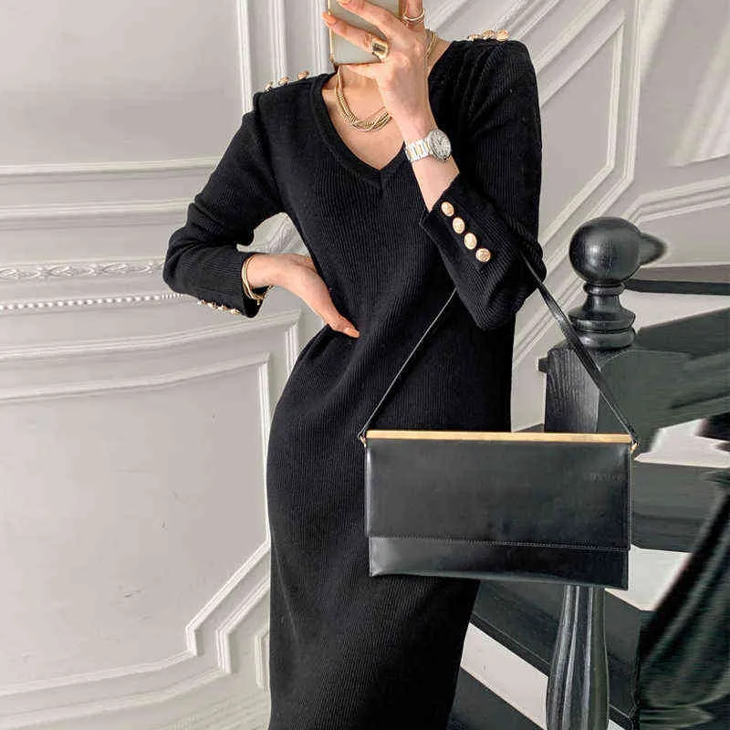 Elegant Korean Chic V-Neck Midi Dress with Split Long Sleeve Bodycon Midi Dress: Womens V Neck Knit Sweater Dress With  Button Detail And Sashes Autumn/Winter Chic From Mu01, $23.76 In Bulk |  DHgate.Com