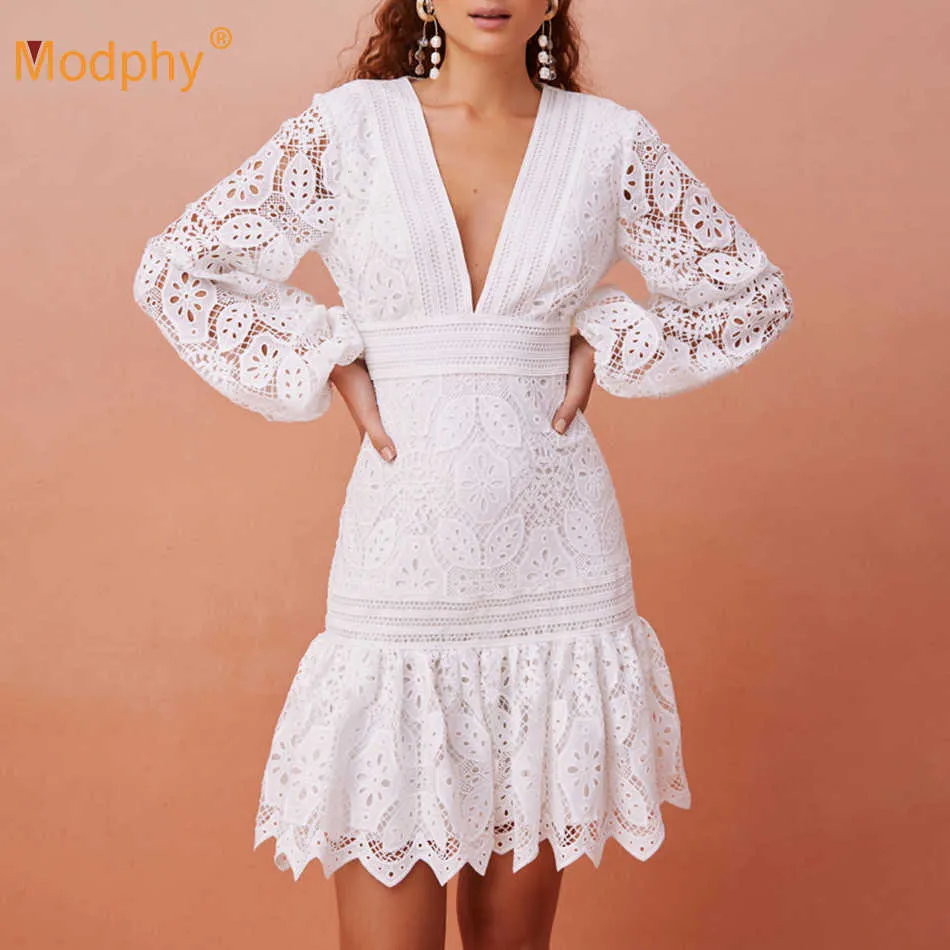 Autumn Sexy V-neck Lantern Long Sleeve Solid Color Hook Flower Hollow Dress Celebrity Club Party A-line Vestidos 210527