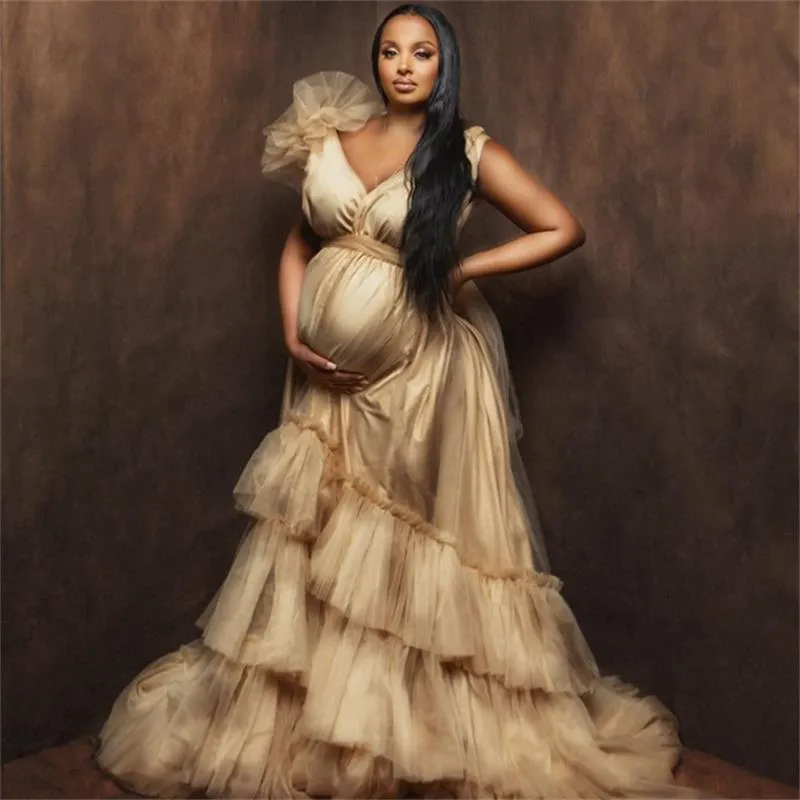 V Neck kobiety w ciąży sukienka na studniówkę macierzyństwo falbany szaty do sesji zdjęciowej lub baby shower luksusowe suknie w dużych rozmiarach
