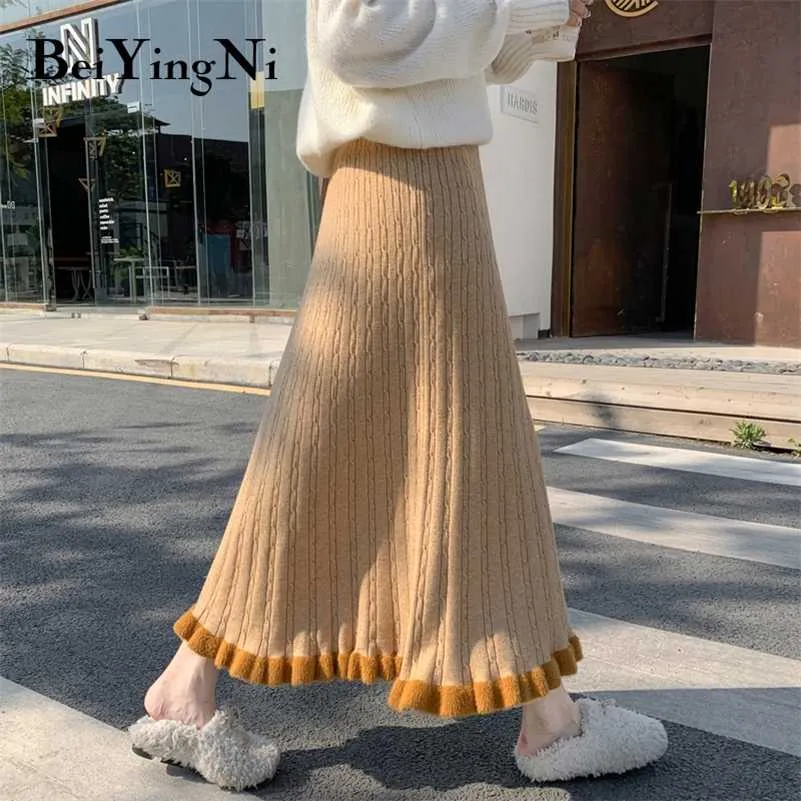 Beiyingni Knitted Skirt Women Autumn Winter Maxi Long Pleated Retro Spell Color Large Size Leisure Harajuku Skirt Fashion 211120