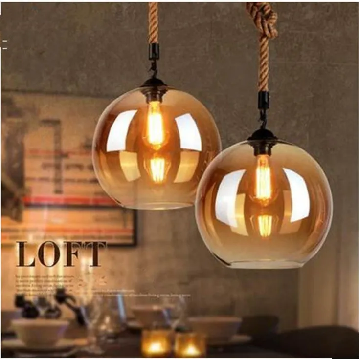 Loft Hemp Rope Vintage LED Glass Pendant Light Hanging Lamp for Bar Counter Restaurant Coffee/Clothing House