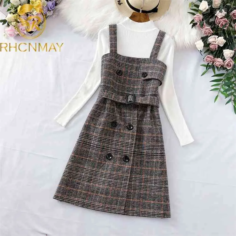 Vintage femmes robe automne hiver deux pièces ensemble pull tricoté haut et laine plaid élégant bureau ceintures 210506