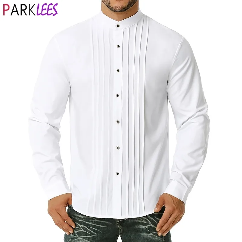 Camisas de esmoquin con cuello con bandas para hombre Camisa con botones plisados abajo Hombres Fiesta de bodas Cena de fiesta Formal Camisa elegante Chemise 210522