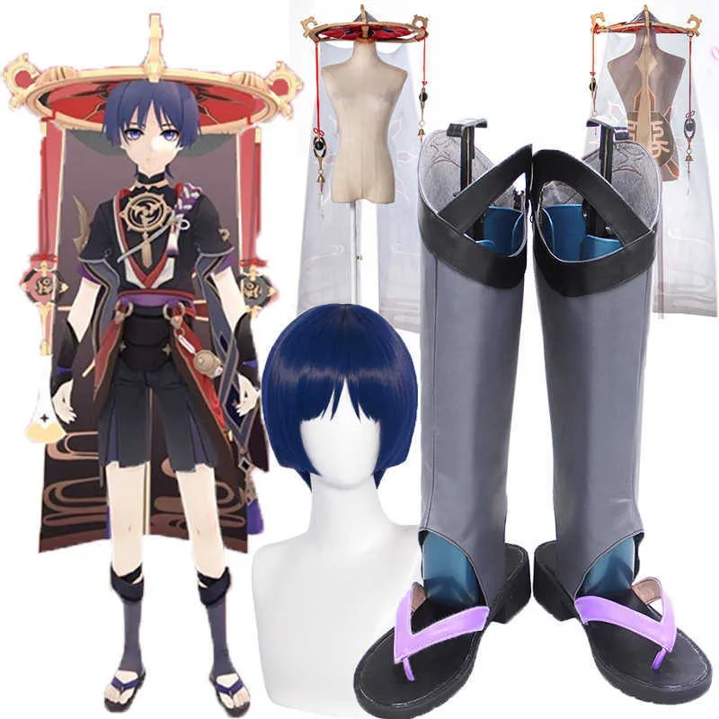 Game Genshin Impact Scaramouche Cosplay Figurino Genshin Impact Cosplay Sanbing Hat Fostume Scaramouche Cosplay Wigs Sapatos Botas Y0903