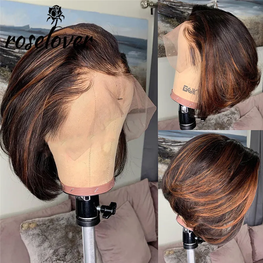 Highlight Wig Ombre Brown Kolor Brazylijski Ludzki Włosy Krótkie Bob Proste Syntetyczne Koronki Czołowe Peruki dla Czarnych Kobiet