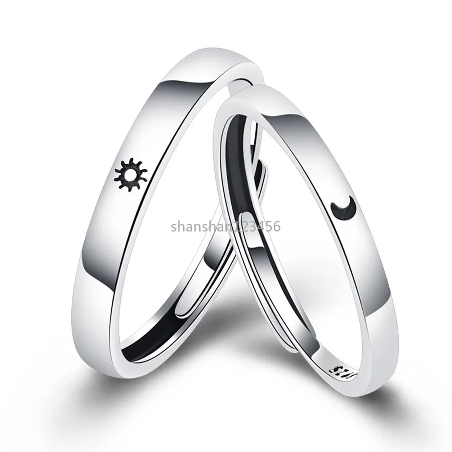 Argent Soleil Lune Couple Bague Bande Doigt Amant Bagues Réglables pour Femmes Hommes Fiançailles Cadeau Saint Valentin Bijoux De Mode Will and Sandy