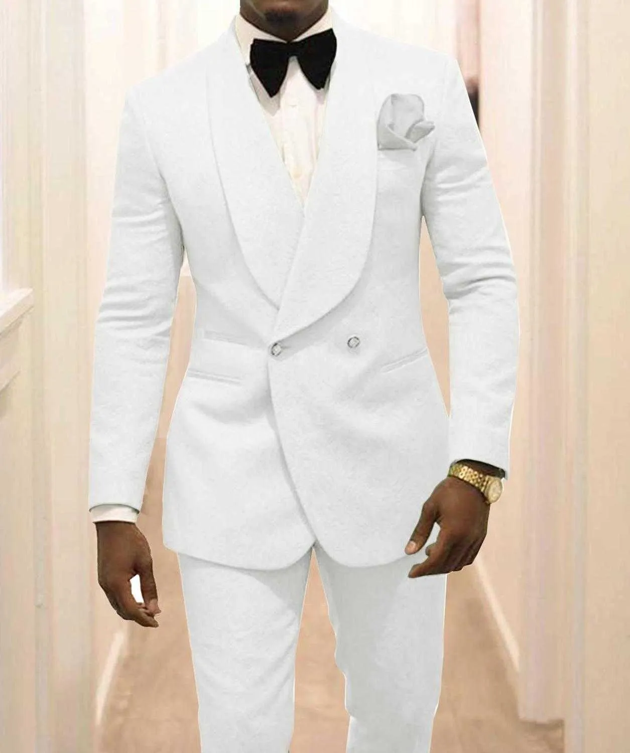 Custom Feito Groomsmen Branco Padrão Noivo TuxeDos Xaile Lapel Homens Suits 2 Peças de Casamento Melhor Homem (Casaco + Calças + Gravata) C922 X0608