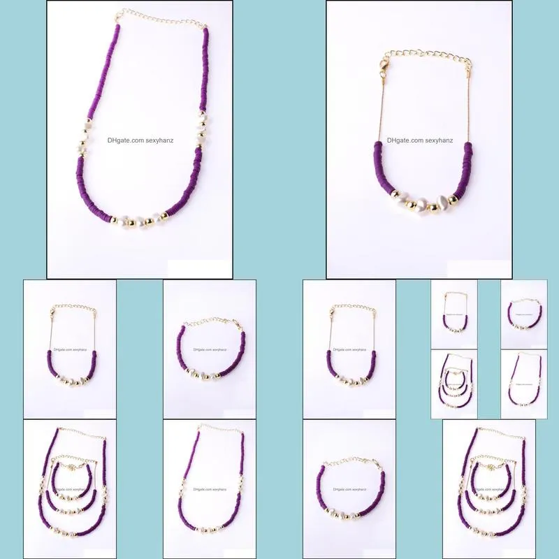 Earrings & Necklace Women`s Fashion Jewelry Anklet Bracelet Sets Fimo Beaded Purple