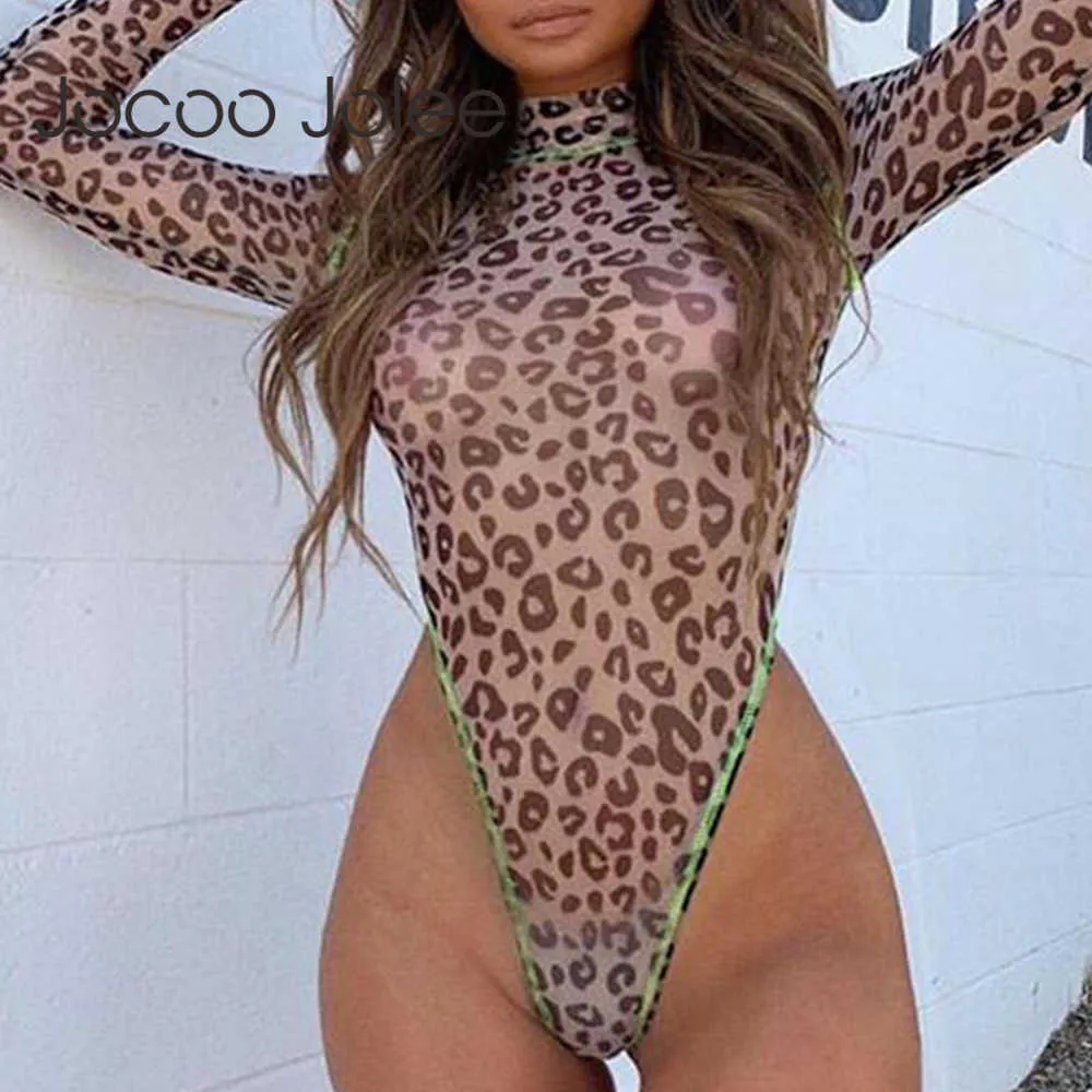 Joloo jolee mulheres sexy leopardo impressão bodysuit outono manga longa stand pescoço bodycon romper feminino magro slim tops 210619