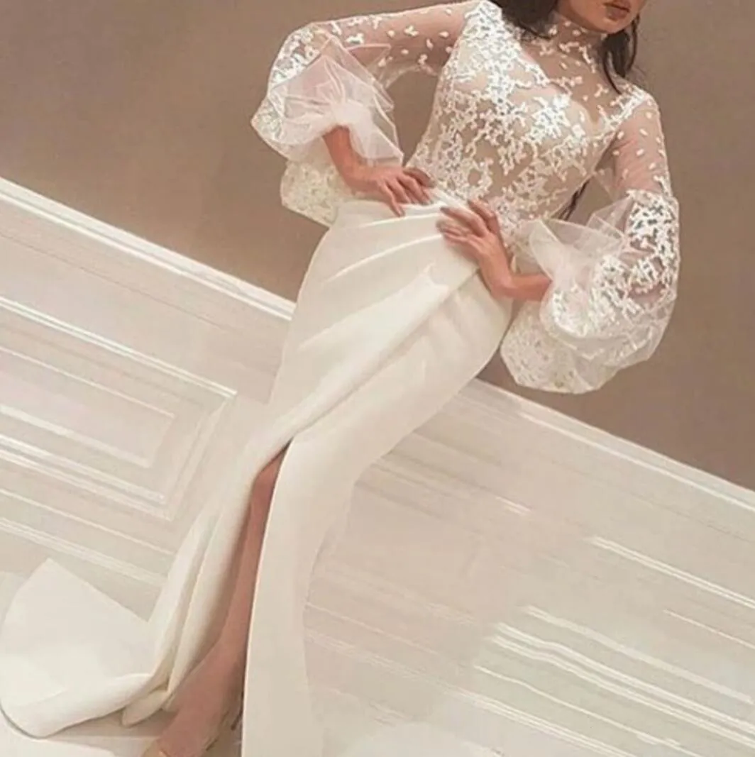 Abend 2021 Neueste Kleider hoher Nackenspitzen Applikationen Langes Big Ärmel Seitenschlitz weiße arabische Meerjungfrau -Promkleider