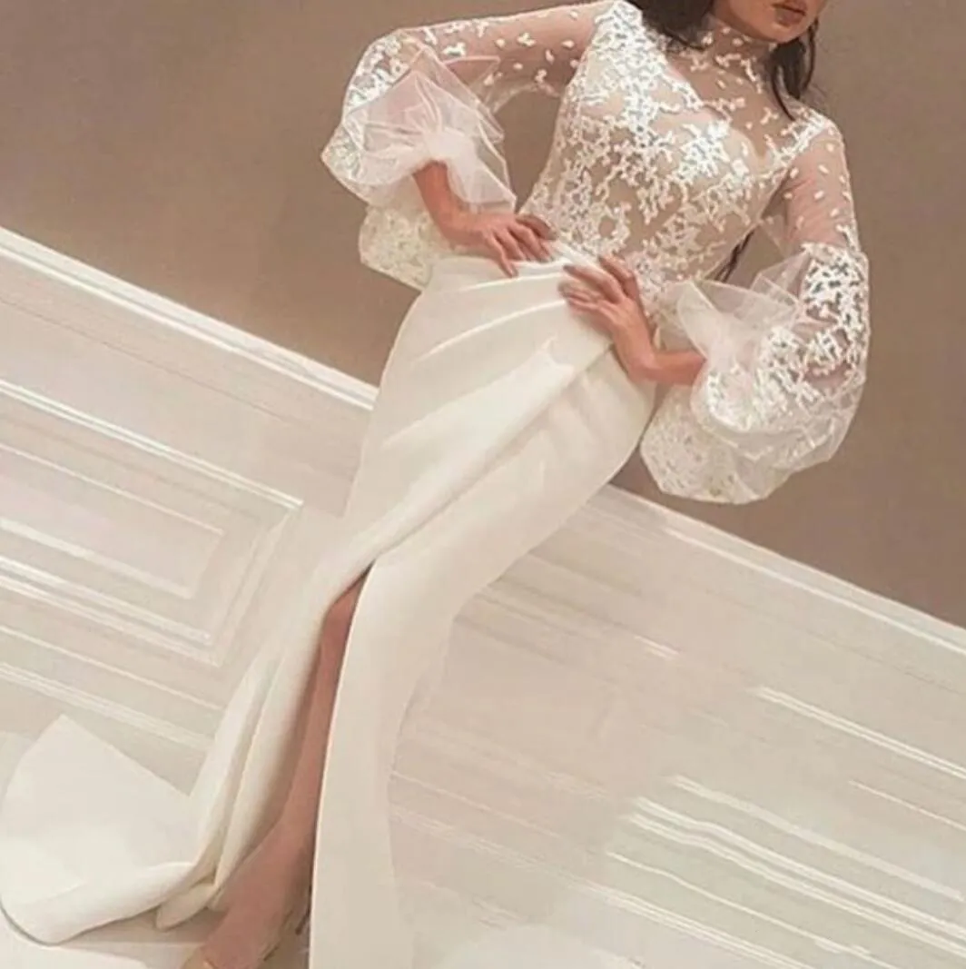 2021 plus récent robes de soirée col haut dentelle Appliques longues grandes manches côté fente blanc arabe sirène bal robes formelles