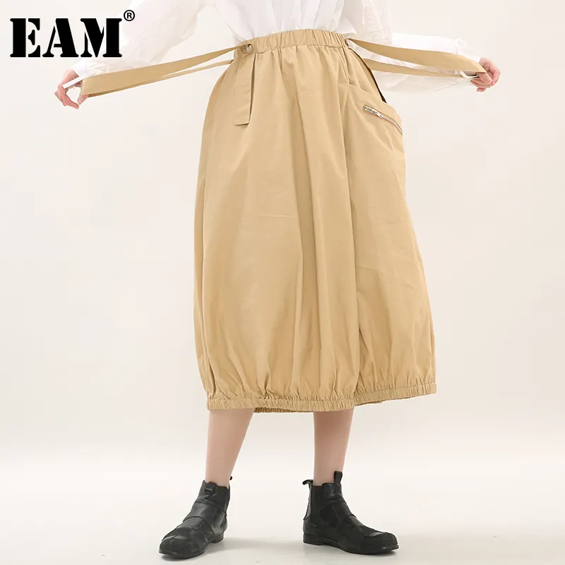 [EAM] Hoge Taille Khaki Zwart Geplooid Pocket Lange band Half-Body Rok Dames Mode Lente Herfst 1DD6263 210512