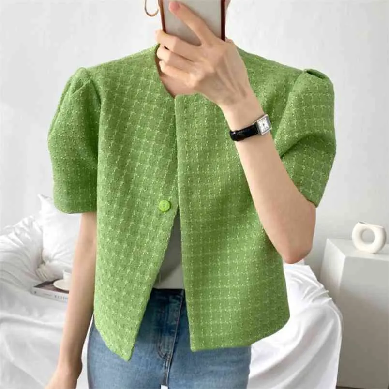 Tweed Women Jacket Sommar Koreanska Chic Vintage Crop Top Ladies Button Puff Sleeve Silm Korta Coughs Woolen Outwear 210514