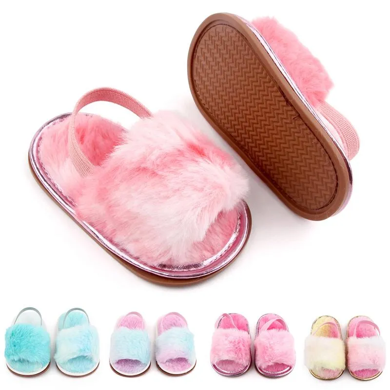 Sandaler 2021 Babyskor Wallarenear 0-12m Spädbarn Flicka Plush Tofflor Mjuk Anti-Slip Tie Dye Skriv ut Vinter Varm sovrum