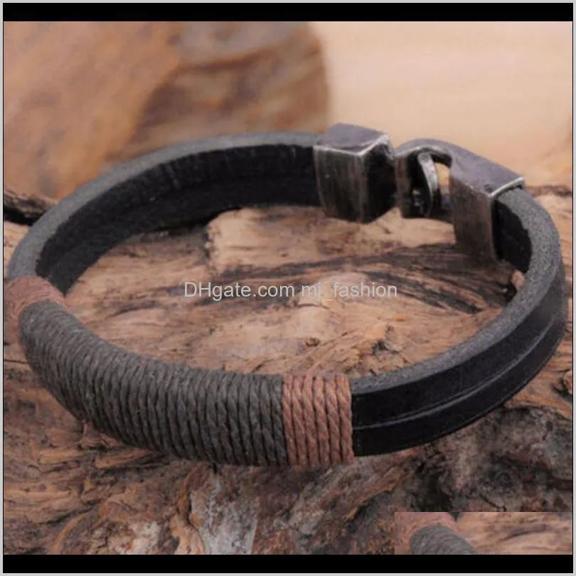 women men hemp wrap leather weaving wristband metal bracelet black brown bracelets bangle jewelryps2484