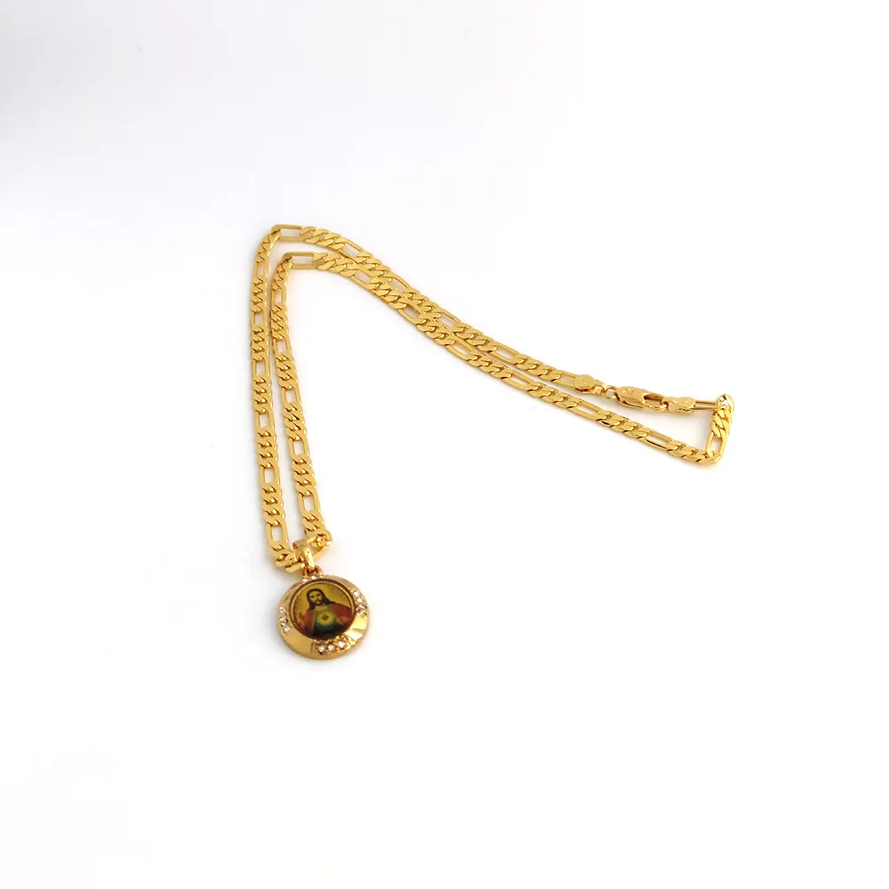 Jezus Hanger Head Loyal Cool 24 K Solid G / F Gold Jewel CZ Mode-sieraden 24 "Ltalian Figaro Link Chain Fine Necklace