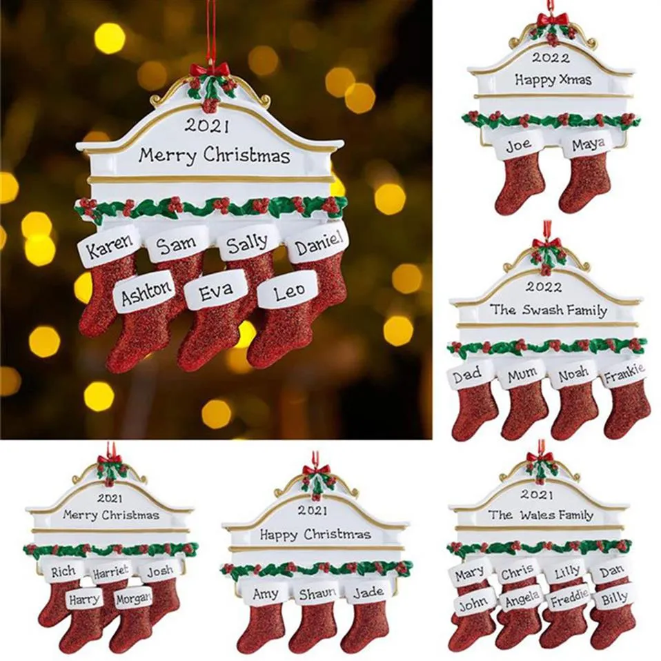 2022 Resina Medias personalizadas Calcetines Familia de 2 3 4 5 6 7 8 Adorno de árbol de Navidad Decoraciones creativas Colgantes para XMAS GiftsA50