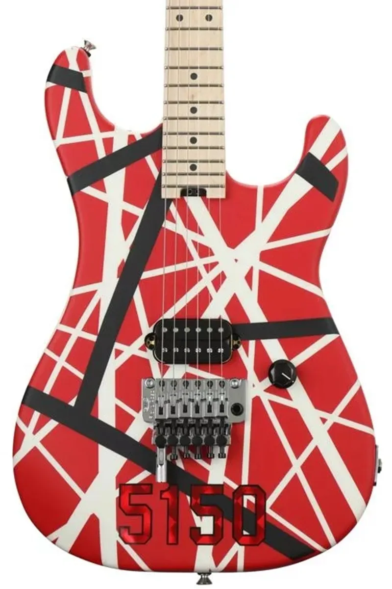 Eddie Edward Van Halen Kramer 5150 Chitarra elettrica rossa Strisce bianche nere, ponte Floyd Rose Tremolo, dado di bloccaggio, tastiera con manico in acero