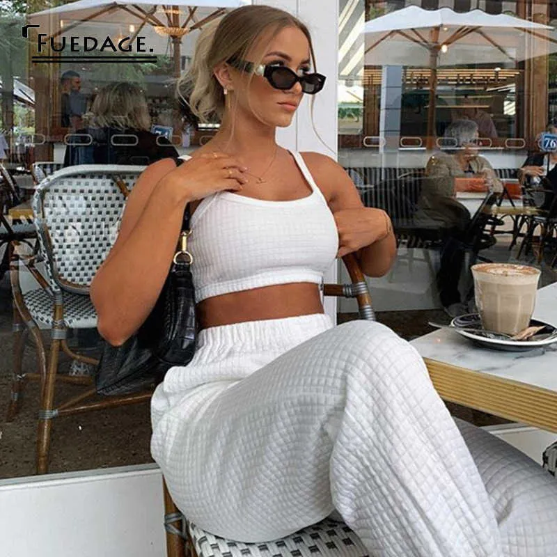 Fuedage White Solid Autumn Winter Two Pieces Outfits Women Casual Spaghetti Strap Crop Tops And Long Pants Slim 2 Piece Set 2020 Y0625