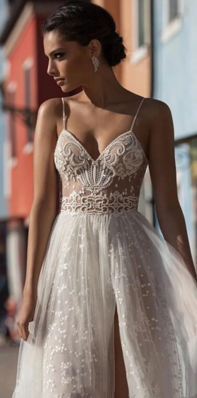 Gali Karten Beach Wedding Gown Side Split Spaghetti Straps