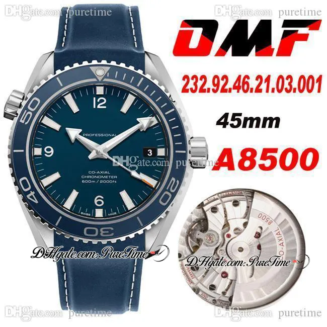 OMF Cal.8500 A8500 Automatic Mens Watch 45mm Keramiska Bezel Blue Renning Gummi Rem Klockor 232.92.46.21.03.001 (Svart Balanshjul) 2021 Super Edition Puretime OM13