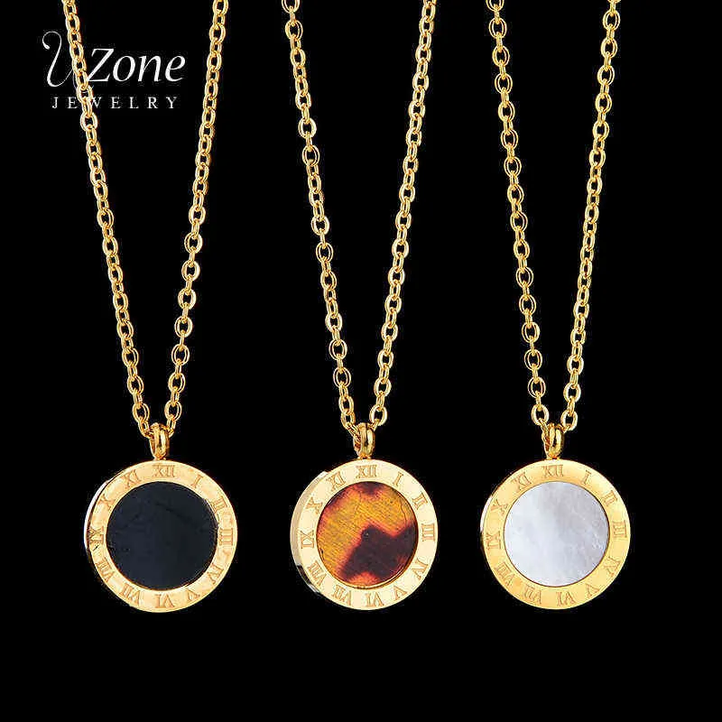 UZone Exquisite Gold Roman Numerals Pendant Necklaces For Women Girls Round Stainless Steel Resin Shell Necklace Gift Bijoux G1206