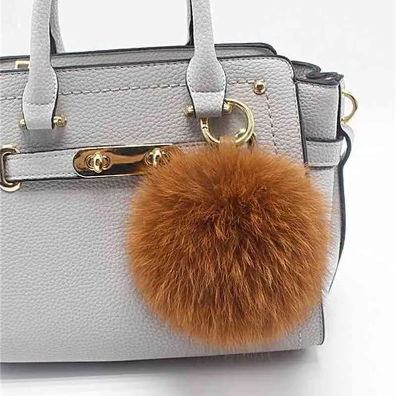 Big 13cm Fluffy Real Fox Fur Ball Pom Poms Natural Fur Pompom Leather Strap Keychain Key Chain Ring Pendant For Women Charm f280