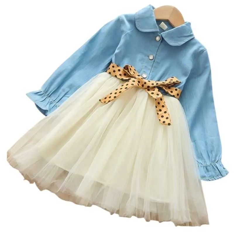 2021 automne nouvelle robe en jean filles revers imprimé manches bouffantes gaze Patchwork coréen à manches longues vêtements bébé enfants filles robe G1026