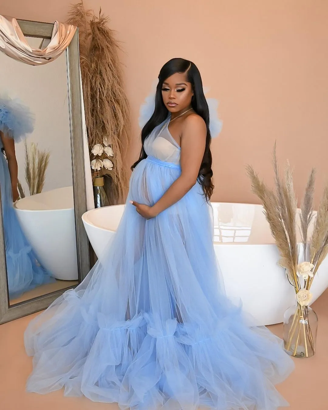 Plus Size Blue Ruffle Maternity Bridal Sleepwear Dress For Photoshoots,  Baby Showers, And Lingerie From Verycute, $34.26